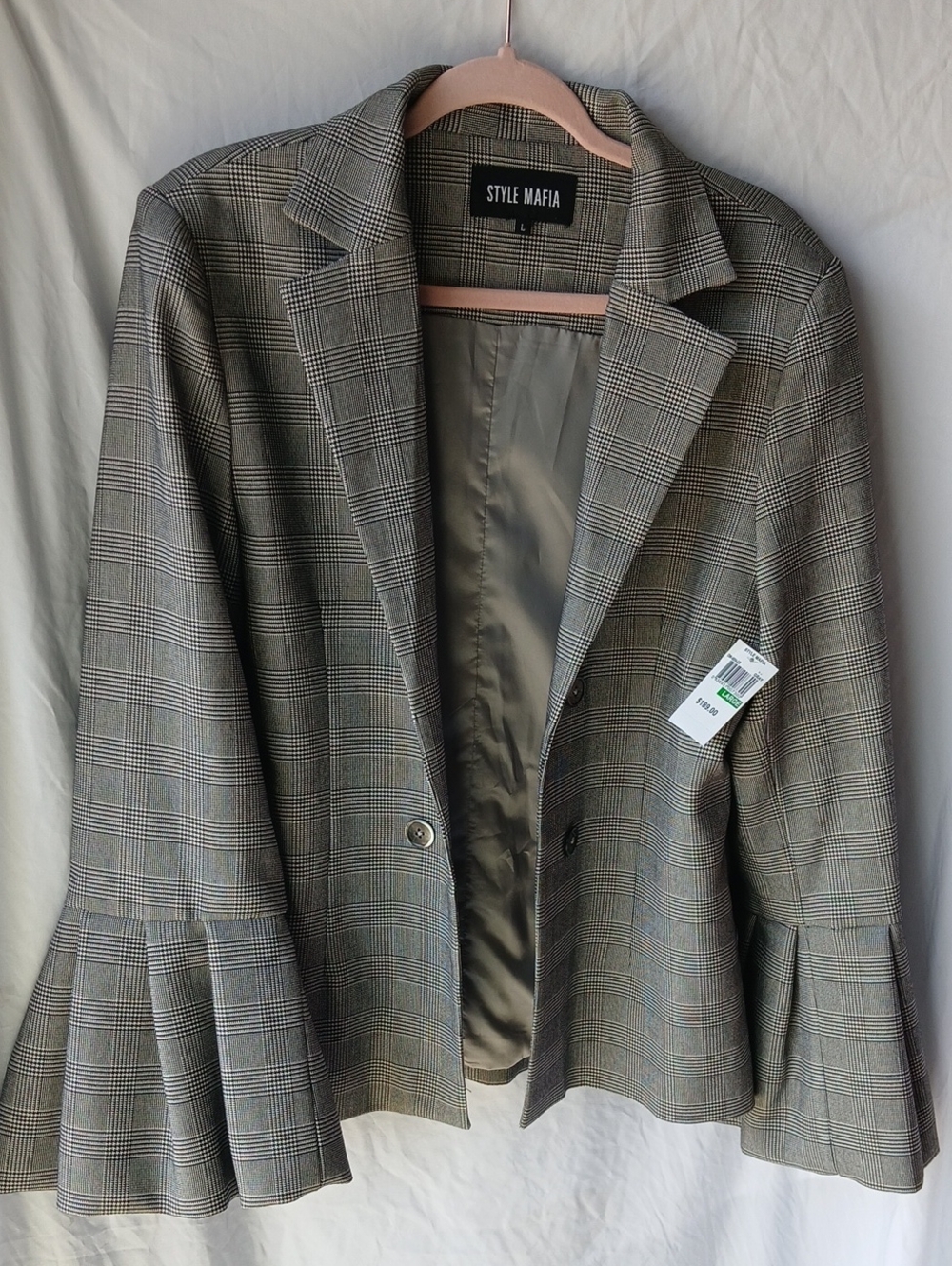 Style Mafia Plaid Notch-Lapel Flair Bell Sleeve Blazer in Gray